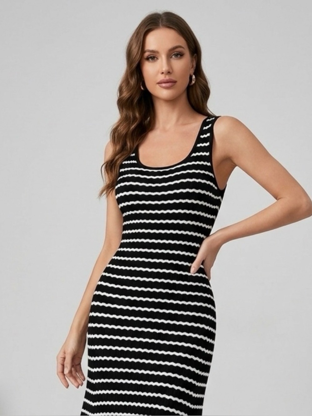 Sleek Nautical Style Black and White Striped Sleeveless Short Mini Dress